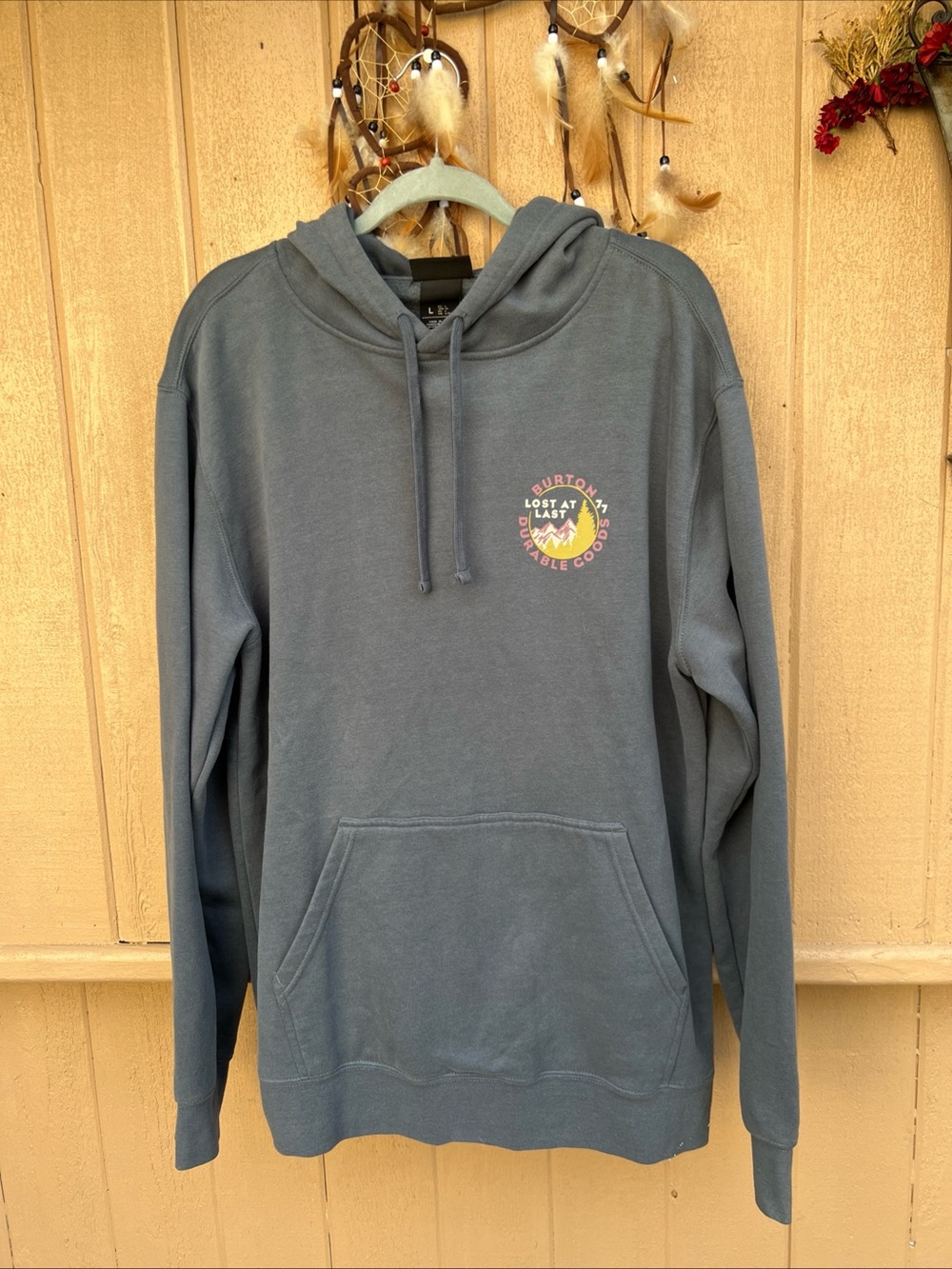 Burton Hoodie Mens Gray  Blue Lost At Last Durable Goods Graphic Pullover Large